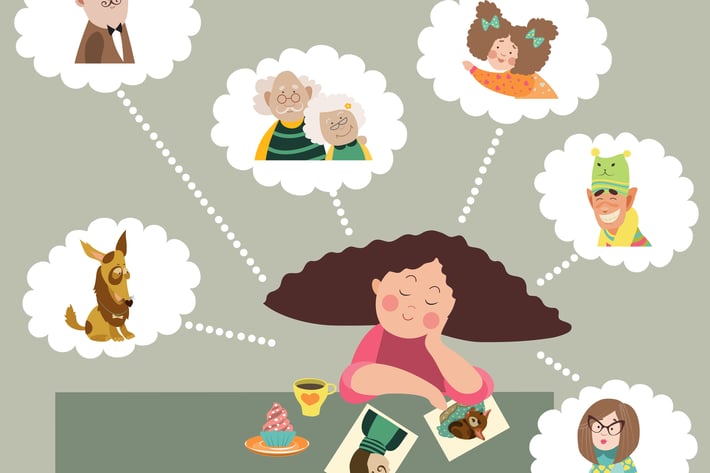 Girl thinks about her relatives. Vector 