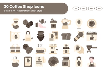 30 Coffee Shop Icons Set - Flat