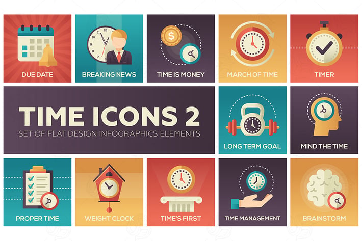 Time icons - set of flat design style elements