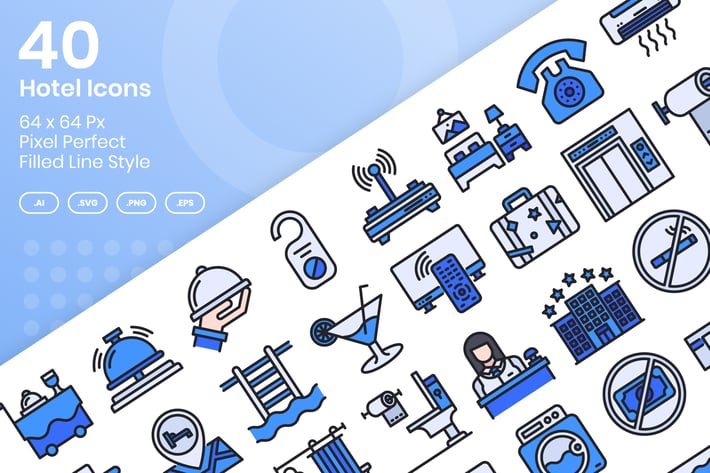 40 Hotel Icons Set - Filled Line