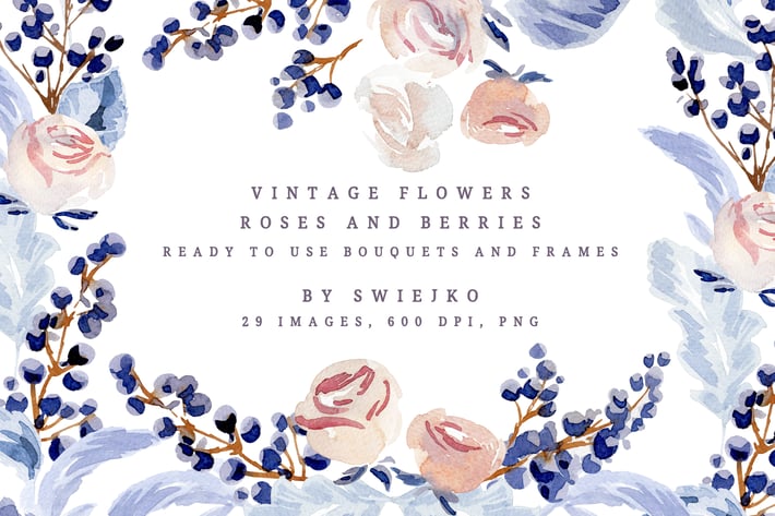 Vintage Watercolor Flowers, Roses and Berries