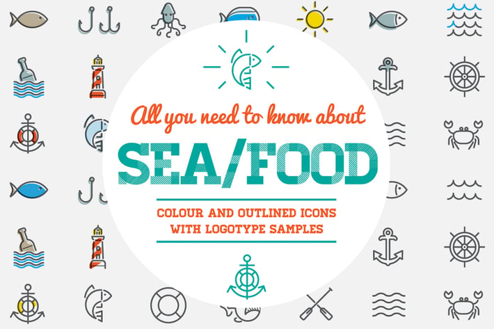Sea Food Color and Outlined Icons with Logotypes