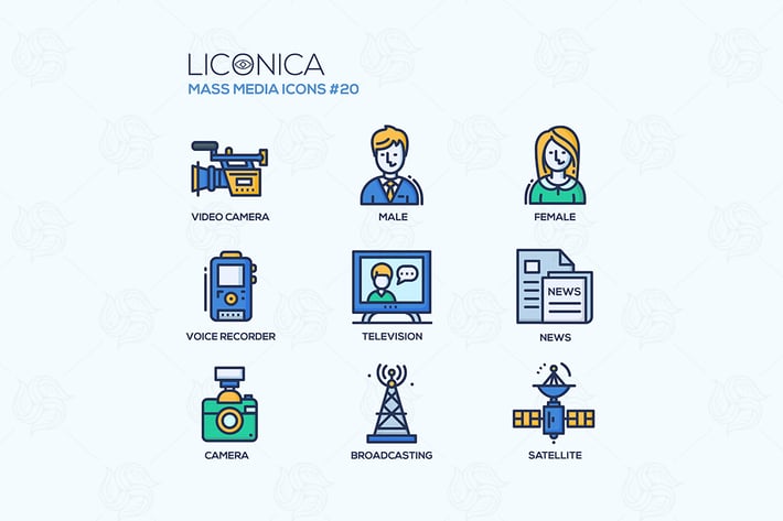 Mass Media - coloured modern single line icons set