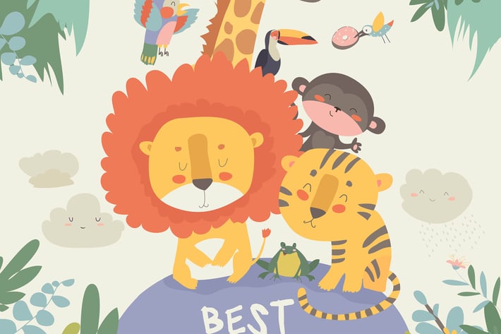Happy jungle animals. Best friends. Vector 