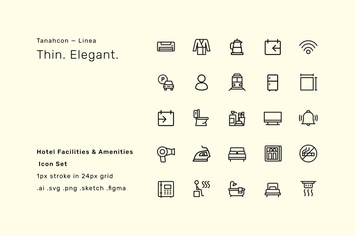Hotel Facilities and Amenities Icon Set - Linea