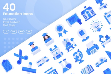 40 Education Icons Set - Flat