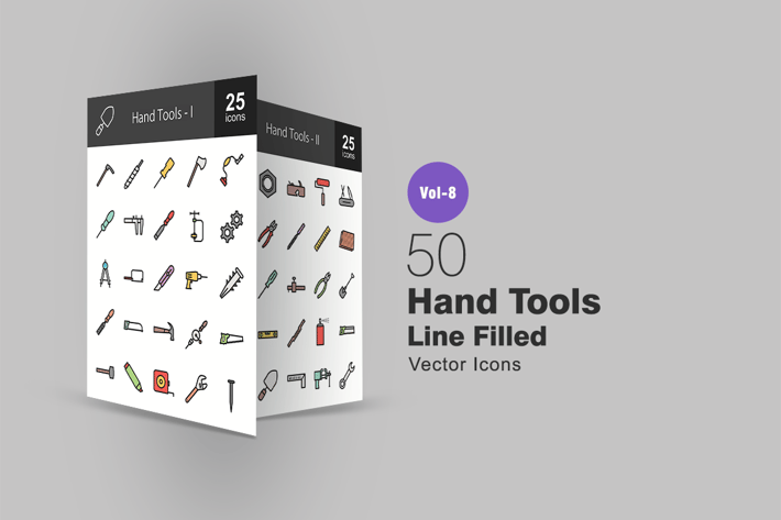 50 Hand Tools Line Filled Icons