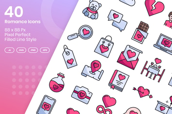 40 Romance Icons Set - Filled Line
