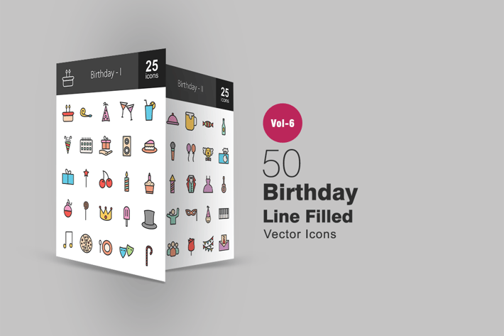 50 Birthday Filled Line Icons