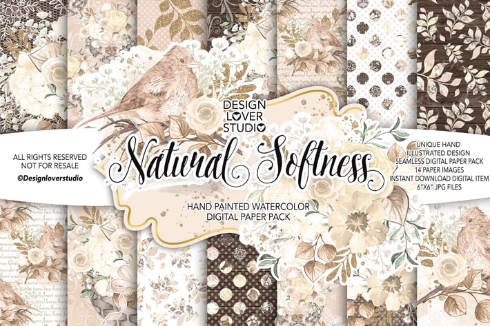 Watercolor NATURAL SOFTNESS digital paper pack
