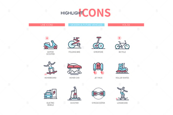 Modern, future vehicles - line design style icons