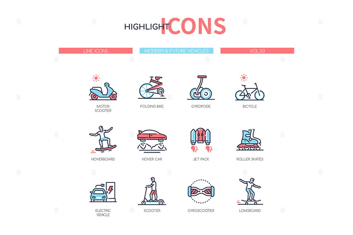 Modern, future vehicles - line design style icons