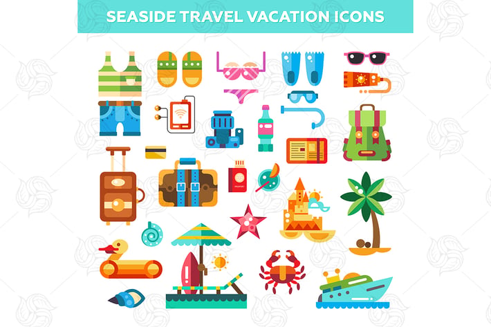 Seaside Travel Vacation Icons Set
