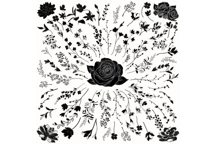 Vector Florals Black Shapes. Hand Drawn Herbs.