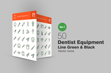 50 Dentist Equipment Green & Black Line Icons