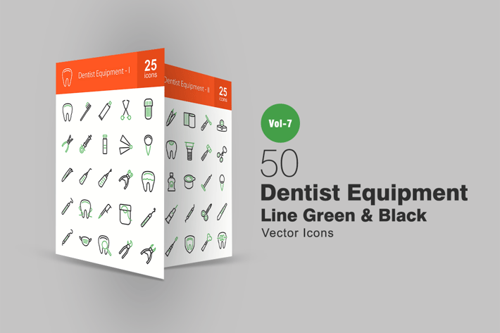 50 Dentist Equipment Green & Black Line Icons