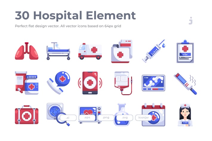 30 Hospital Element Icons - Flat
