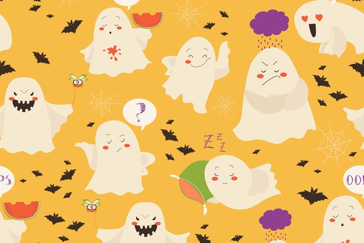 Seamless pattern funny cartoon ghosts emoticon