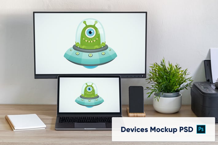 Computer devices on wooden table - mockup PSD