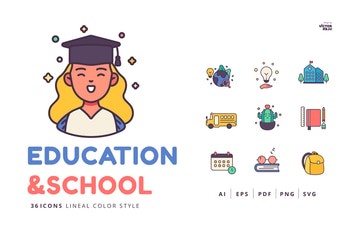36 Icons Education and School Lineal Color Style