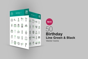 50 Birthday Green & Black Line Icons