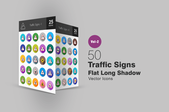 50 Traffic Signs Flat Long Shadow Icons