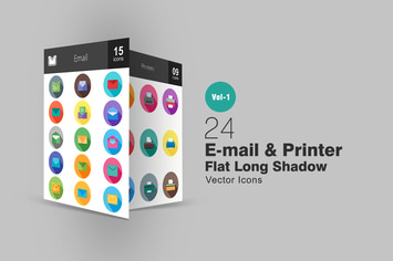 24 Email & Printer Flat Long Shadow Icons