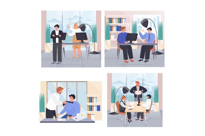 Conflict Situations At Work Concept Scenes Set