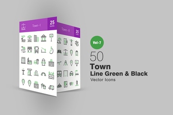50 Town Green & Black Line Icons