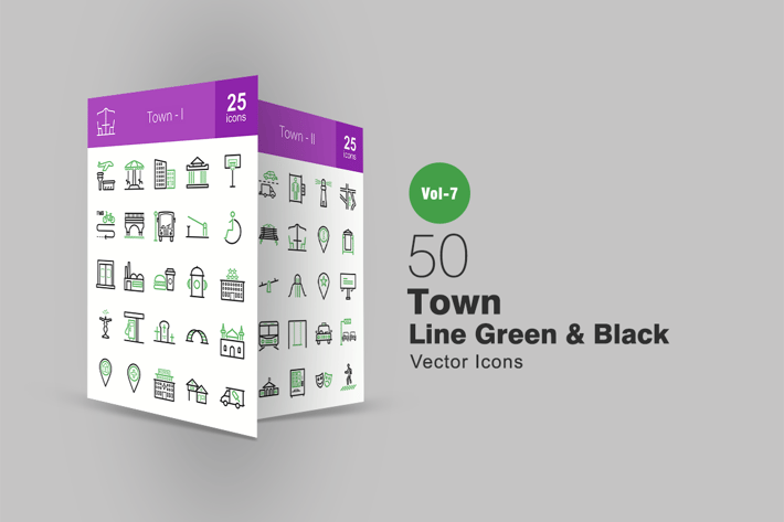 50 Town Green & Black Line Icons