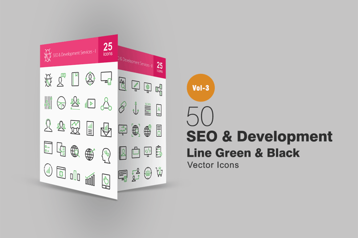 50 SEO & Development Line Green & Black Icons