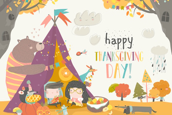 Cute kids celebrating Thanksgiving day with animal