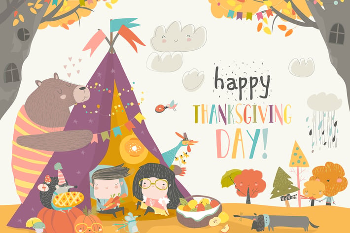 Cute kids celebrating Thanksgiving day with animal