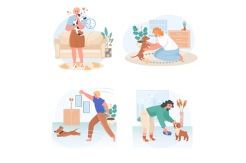 Pets With Their Owners Concept Scenes Set