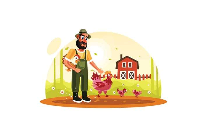 Farmer and Chickens in Farm