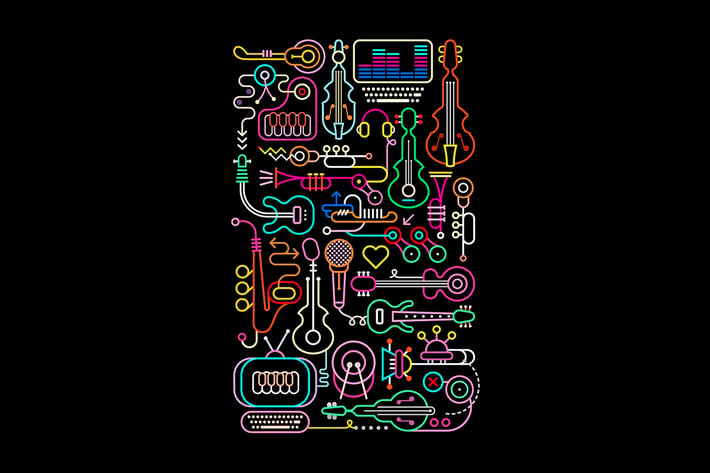 Music Shop Neon Colors Vector Illustration