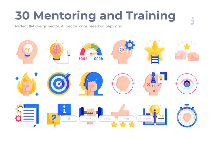 30 Mentoring and Training icons - Flat
