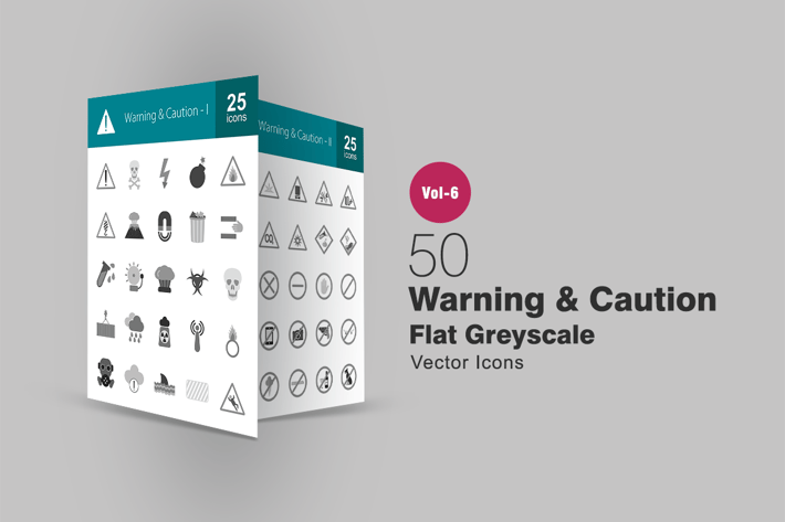 50 Warning & Caution Flat Greyscale Icons