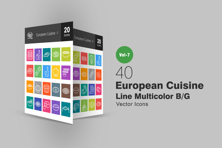 40 European Cuisine Line Multicolor B/G Icons