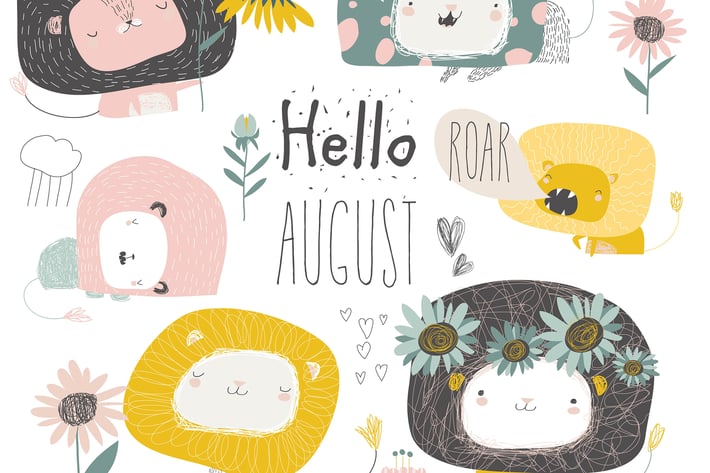 Vector set of cute lions and flowers. Hello august