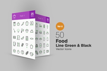 50 Food Line Green & Black Icons