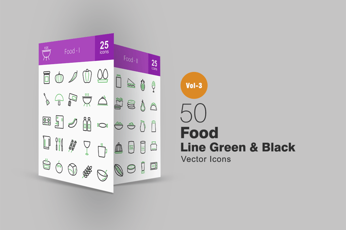 50 Food Line Green & Black Icons