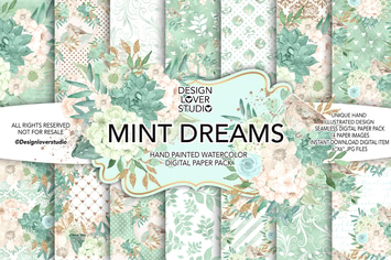 Watercolor MINT DREAM digital paper pack