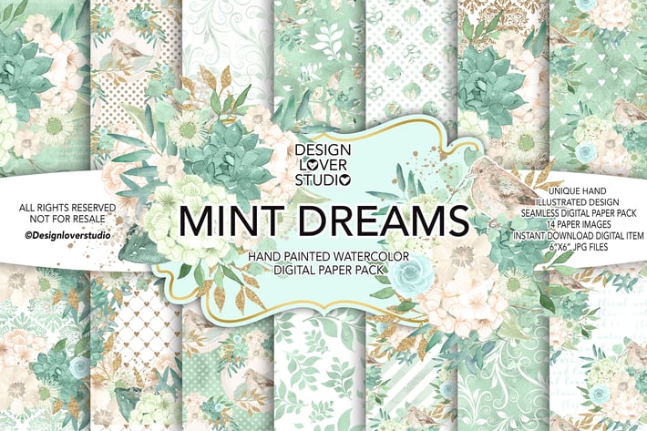 Watercolor MINT DREAM digital paper pack