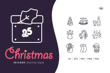 36 Christmas Icons Outline Style