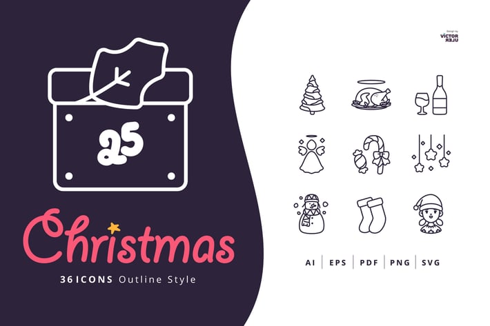 36 Christmas Icons Outline Style