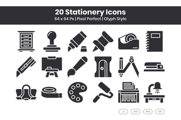 20 Stationery Icons Set - Glyph