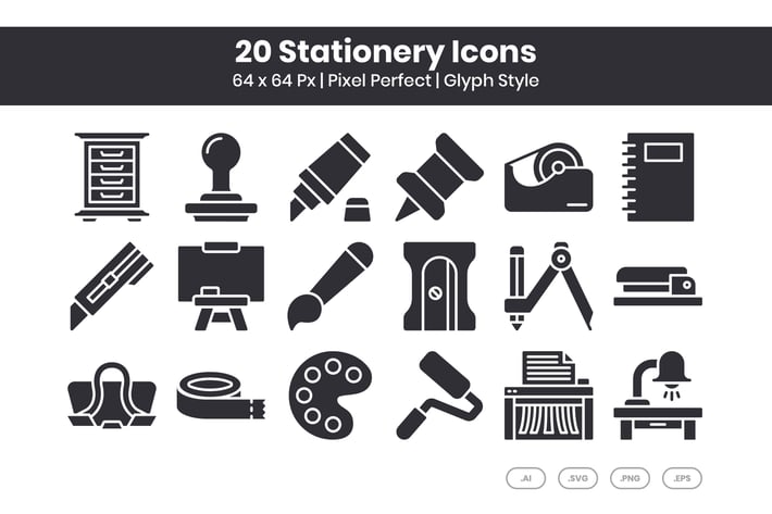 20 Stationery Icons Set - Glyph
