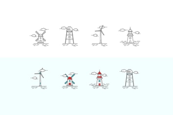 Icons Set in the Style of Line Art. Windmill, Ligh
