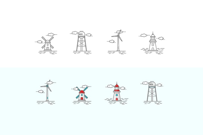 Icons Set in the Style of Line Art. Windmill, Ligh